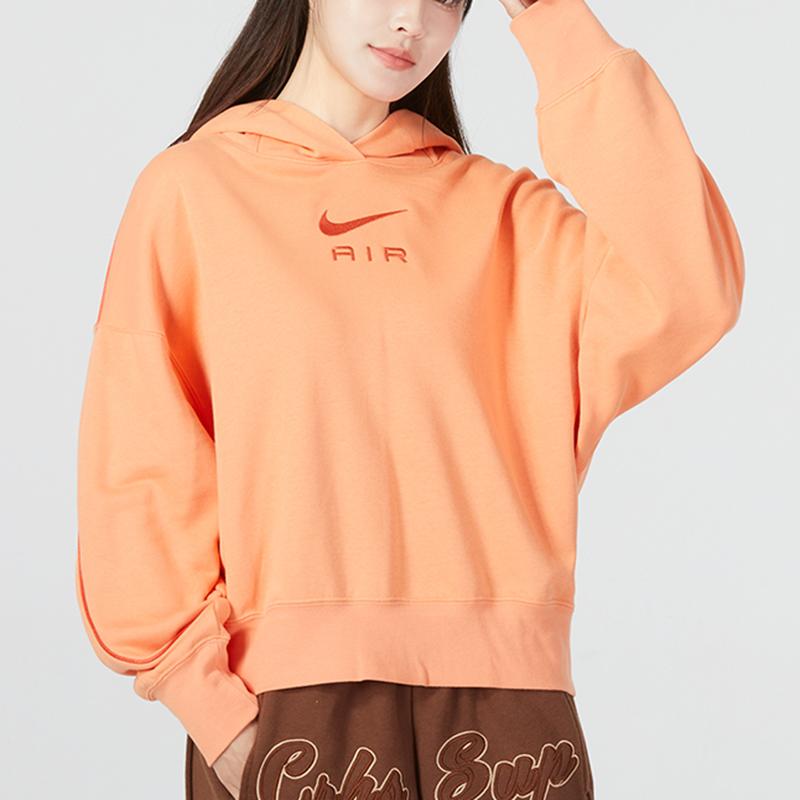 Nike Wns Air Flc Hoodie Logo Embroidered Sports Casual Long Sleeve Sweatshirt Women Hoodies Orange DQ6916-871