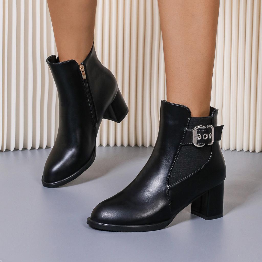 Fashion 2024 Women Zip Metal Decoration Boots Women Square Heel Solid Warm Pointed Toe Fashion Boots Women Platform Comfortable Boots