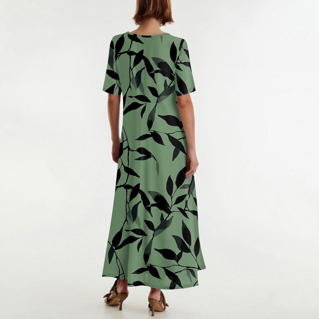 Damen Modischer Und Lässiger Langer Strandrock Rundhals Kurzärmelig Locker Retro-Print Kleid