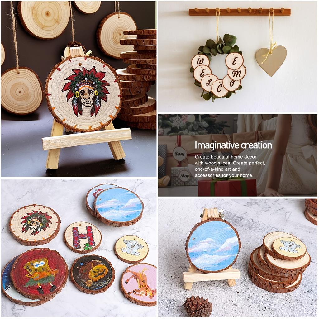 40Pcs 4-6cm Unfinished Predrilled Natural Wood Slices Circles for DIY Craft Woodburning Christmas Rustic Wedding Ornaments