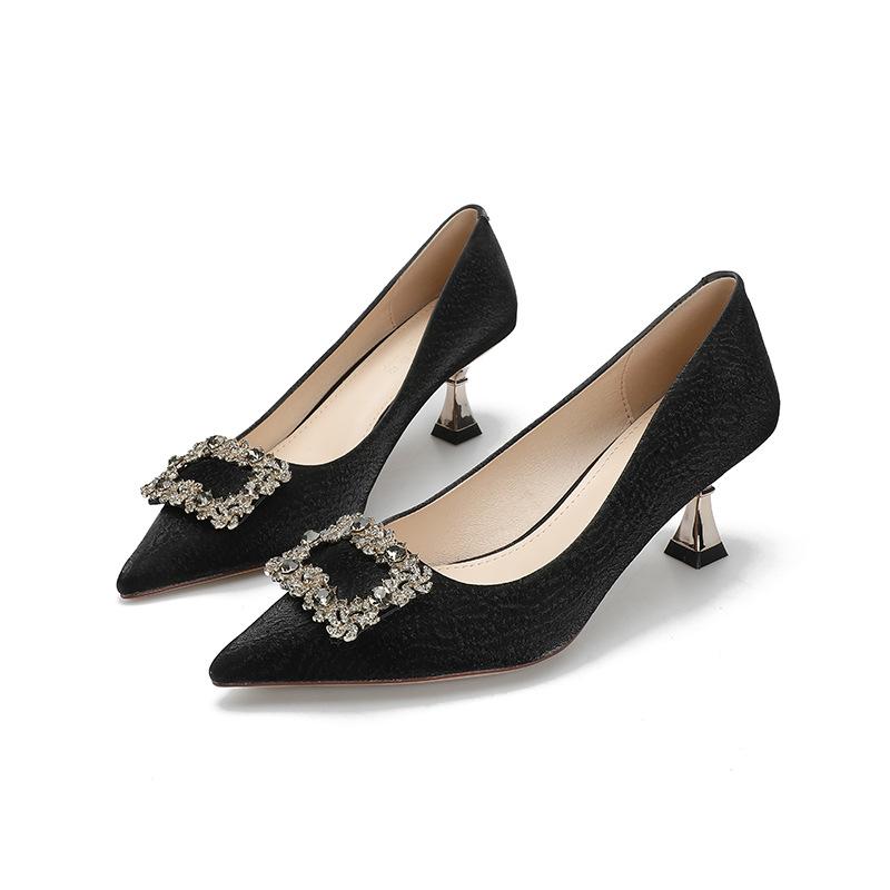 New High Heels Women's Thin Heels Fashion Rhinestone Square Buckle Pointed Single Shoes Black Temperament Small Heels