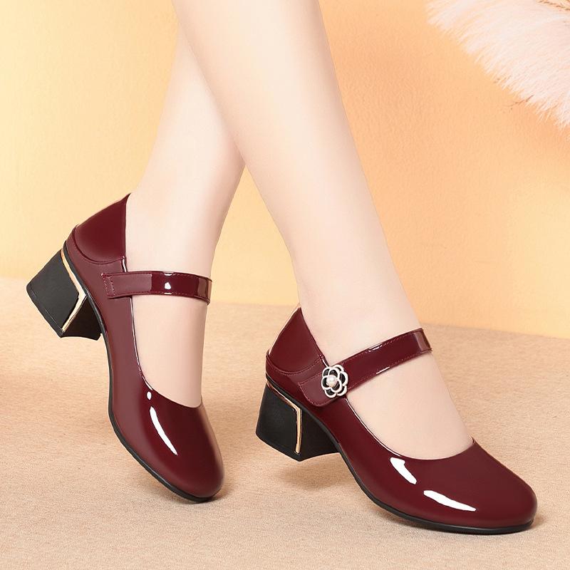 4cm British Style Shallow Mouth Breathable Bright Leather Shoes Mary Janes 2025 Spring Med Block Heels Shoes for Office Mom Work