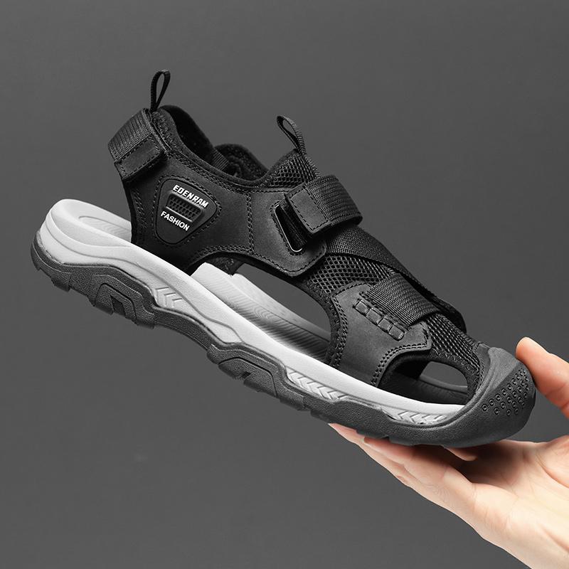 FashionCasual Leather Shoes Anti-collision Toe Summer Footwear Hollow Out Man Sandals New Fashion Beach Flats Outdoor Wading Aqua Shoes