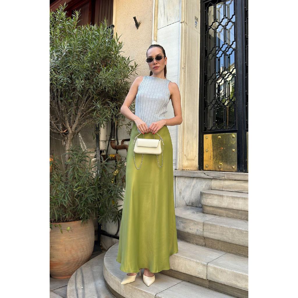 Satin Skirt With Elastic Waist - Oliv