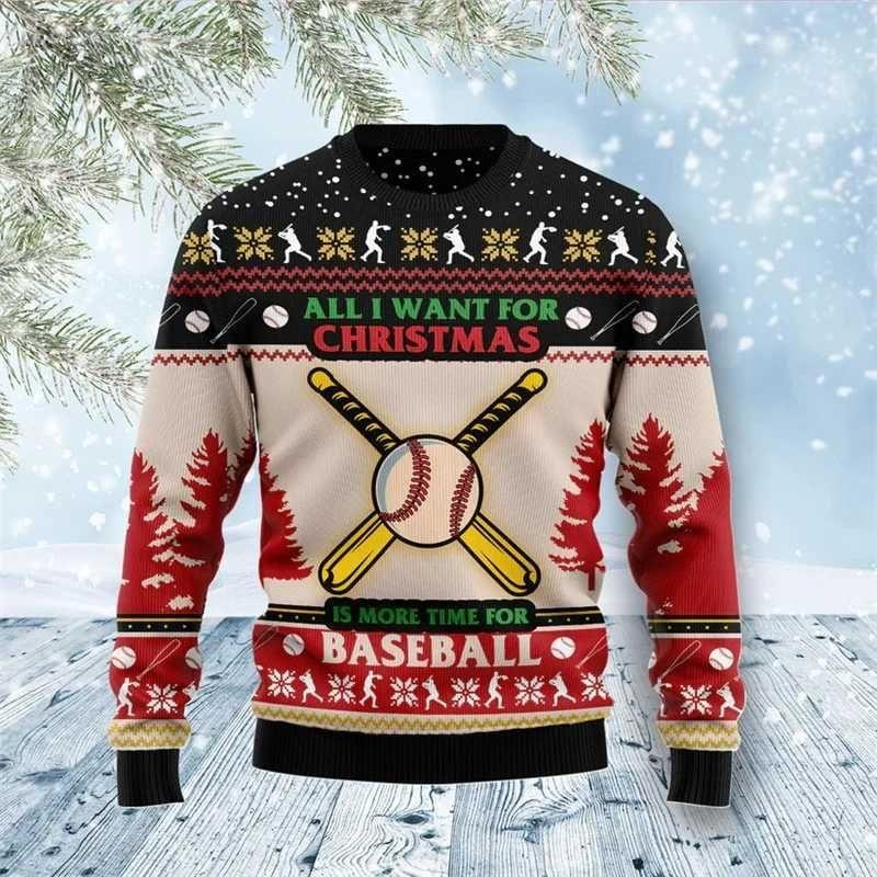 Baseball Basketball Pattern Sweatshirts For Men Christmas Sports 3D Printed Pullover Festival Hoodies Long Sleeves O-Neck Tops