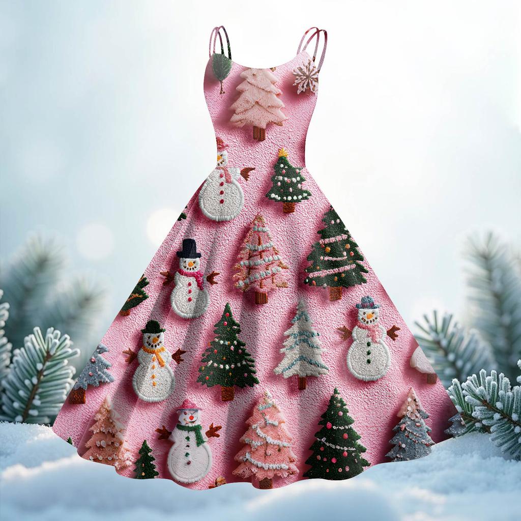 Women's Christmas Print Casual Fashion Round Neck Mid-Length Dress