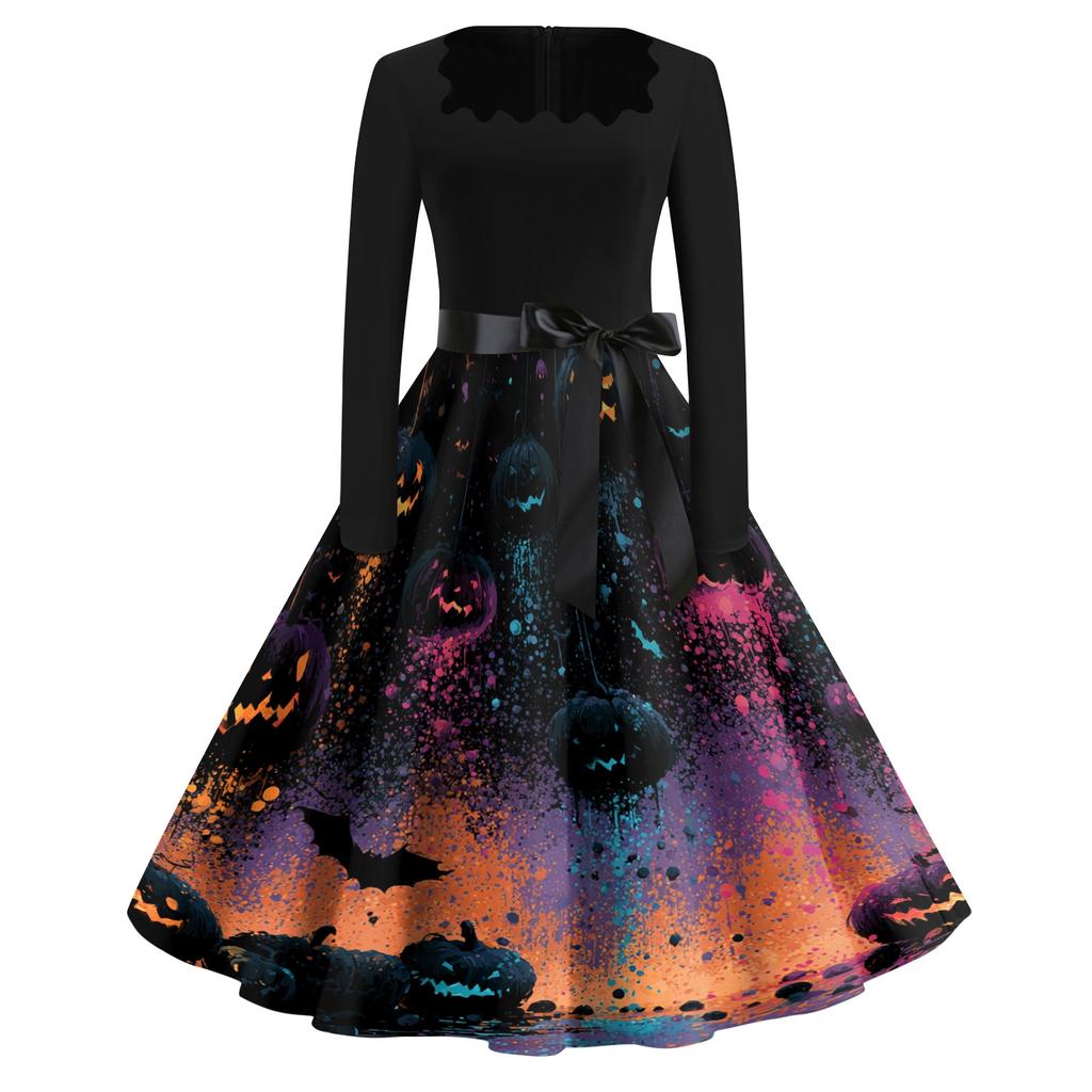 Women's Square Neck Retro Dress with Halloween Print for Casual Parties and Festive Occasions