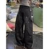 American Retro Rhinestone Jeans for Women Loose Fit Middle Waist Distressed Denim Pants with Flared Leg