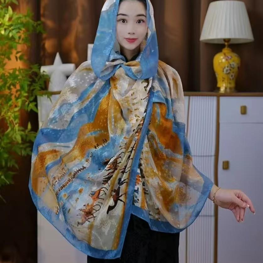 180 * 90 High-End Single-Sided Cut Dill Long Shawl Retro Chinese Style Ancient Charm Elegant Silk Scarf Dunhuang