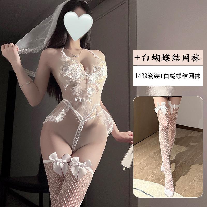 Erotic Underwear Sexy Embroidered One-piece Dress for Brides Seductive See-through Pajama Set 1469