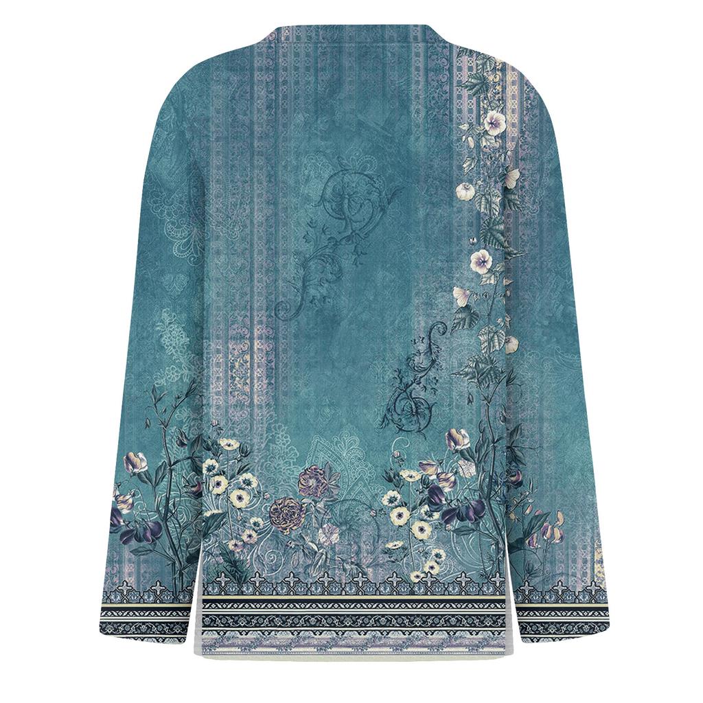 Women's Fashion Casual Slit Hem Round Neck Long Sleeve Loose  Printed T-Shirt Ladies Top