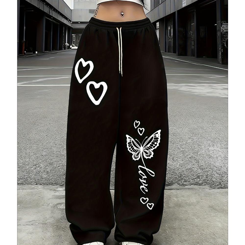 American Street Style Sweatpants Heart Shape And Butterfly Print Casual Trend Women's Straight Leg Pants