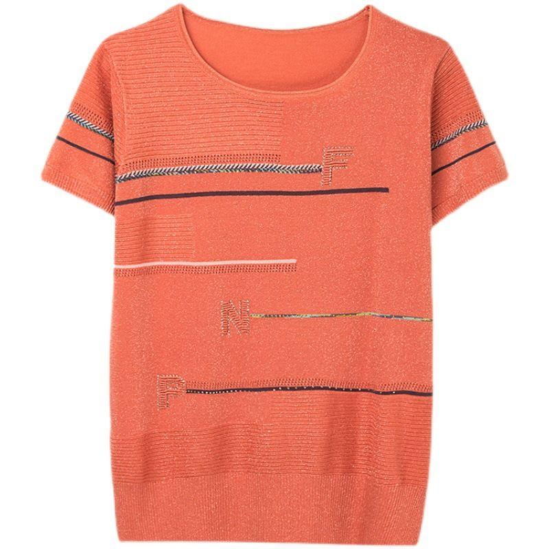Summer Women's Knitted T-shirt Short Sleeved Embroidered Thin Ice Silk Retro Pullover Shirt
