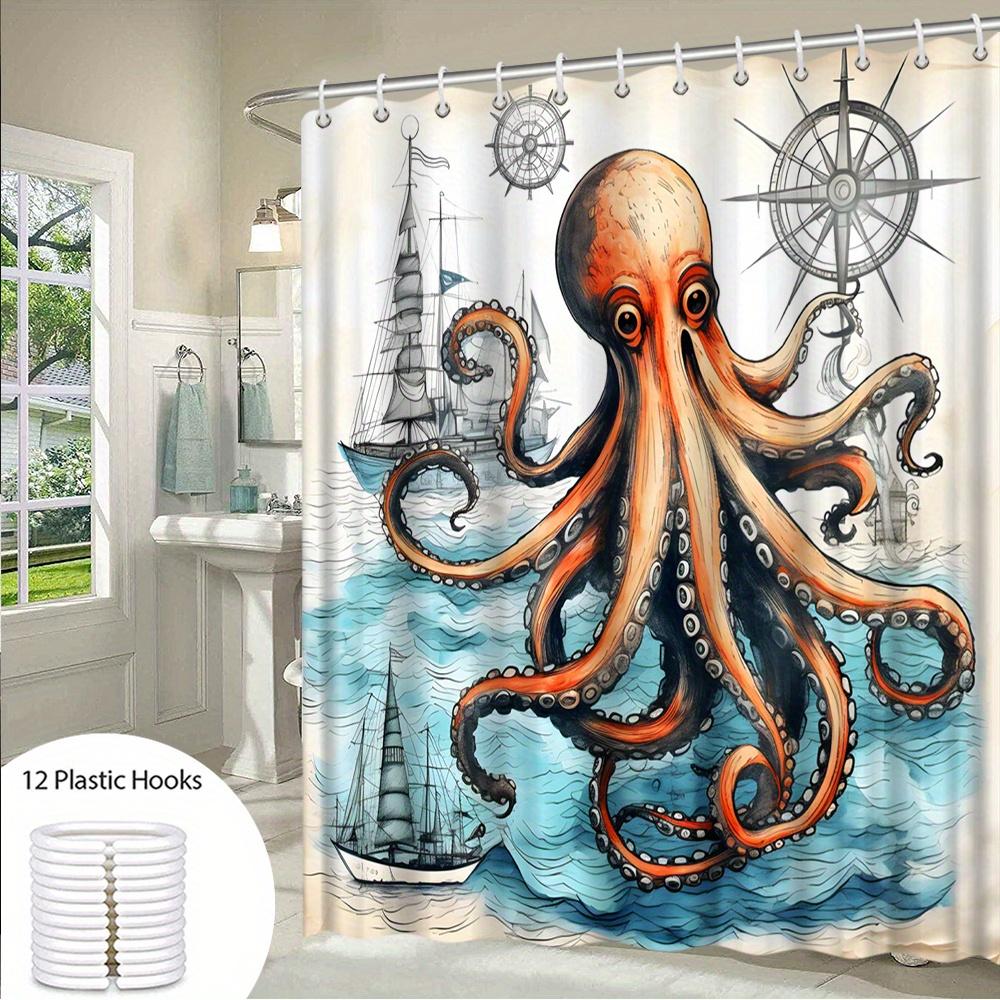 1pc Octopus Compass Sailing Ships Shower Curtain - Large Orange Octopus with Ships & Compass, Blue & White Nautical Fantasy Them