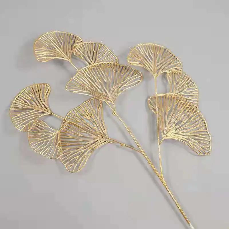 5PC Gold Ginkgo Eucalyptus Holly Three-Pronged Fan Leaf Netting Artificial Flowers for Wedding Arch Arrangement Home Decor Craft