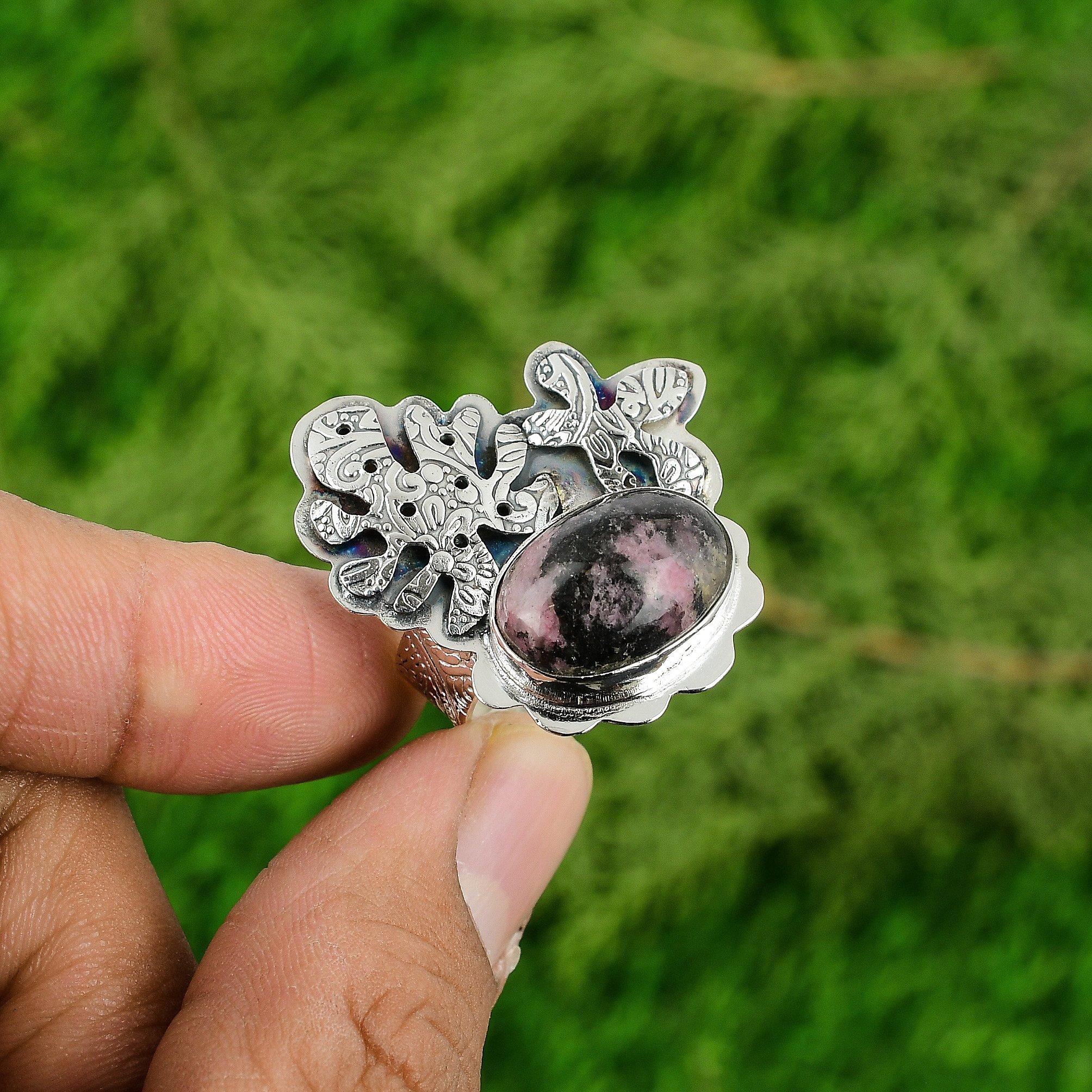 

Gift For Women Solitaire Adjustable Ring 925 Silver Natural Rhodonite Gemstone Adjustable