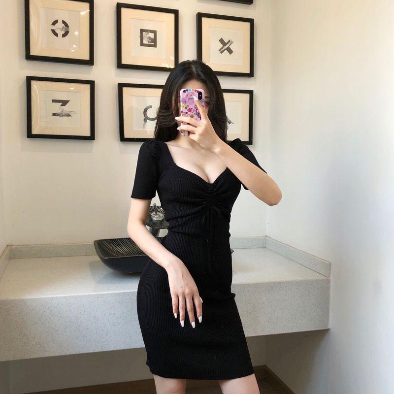 Spring Retro V-neck Lace-up Slim Bodycon A-line Knit Dress
