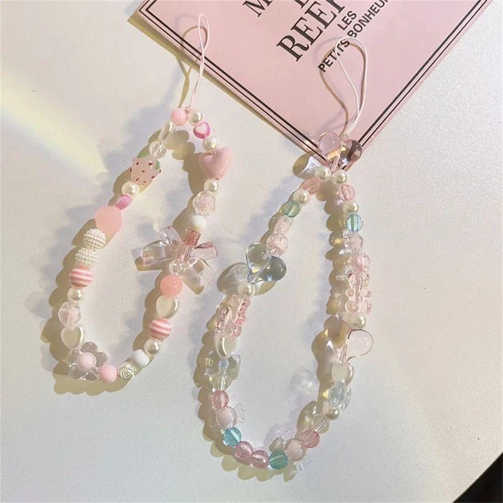 Sweet Girls Mobile Phone Lanyard Hanging Cord Cellphone Chain Beaded Phone Strap  Trendy Pendant