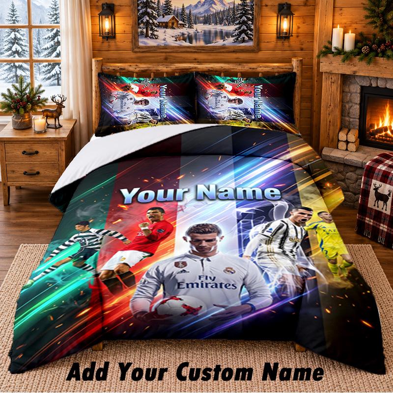 Cristiano Ronaldo Pattern Bedding 3Pcs Set Custom Name, Bed Sheet And Pillowcases For Home Bedroom