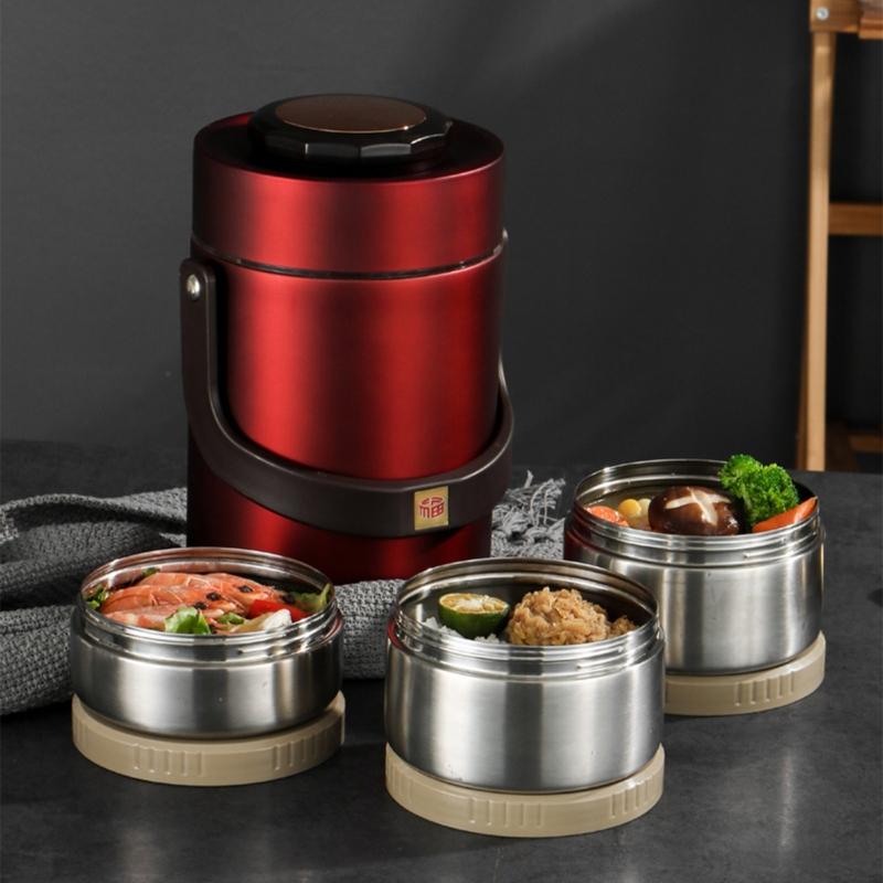 Insulated Nonrust Steel Food Jar With 3 Layer Compartments Leak proof Portable Lunch Container Hot Cold Meals