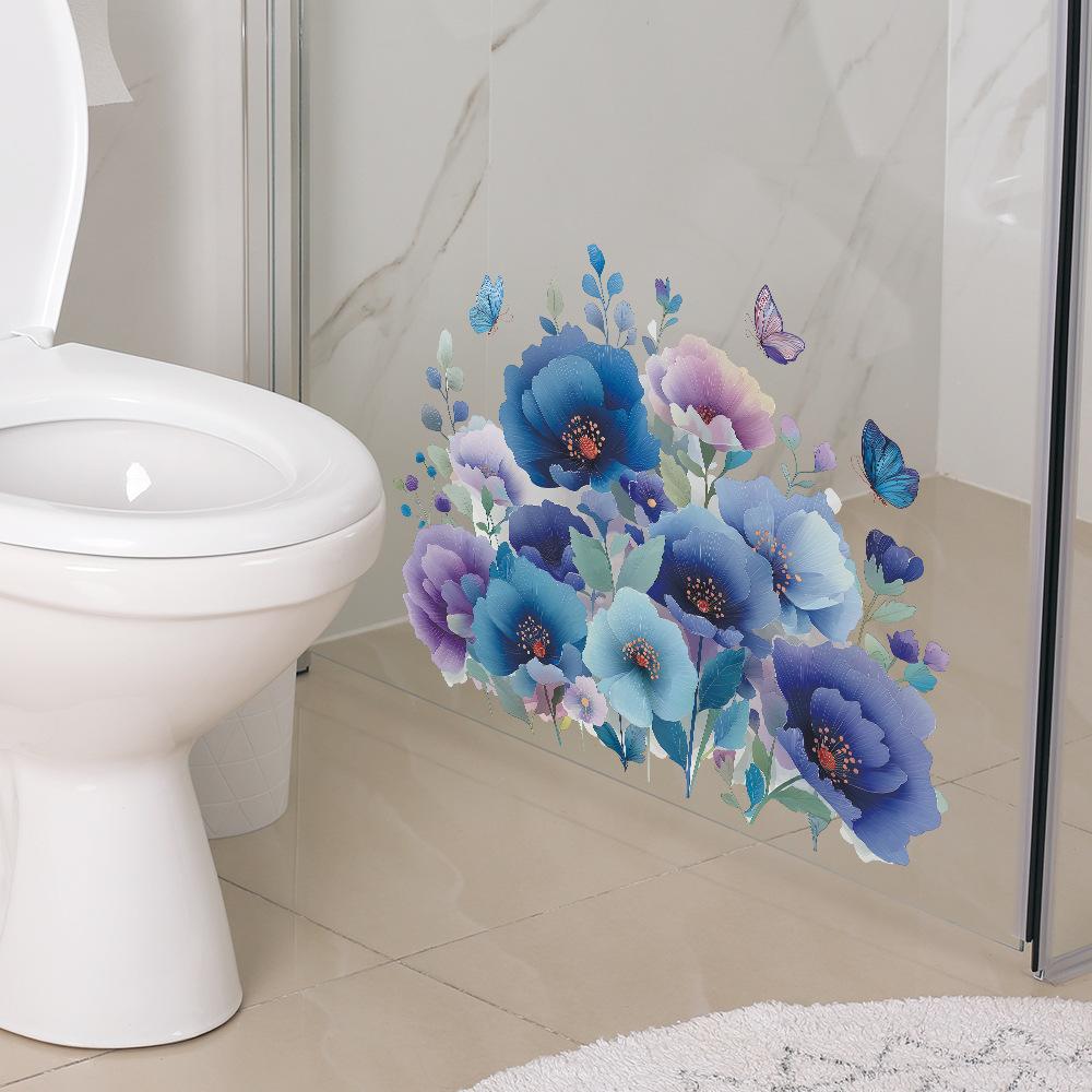 Hand-Painted Blue Purple Floral and Butterfly Wall Sticker Elegant Dreamy Self-Adhesive Removable Decor for Bedroom Home