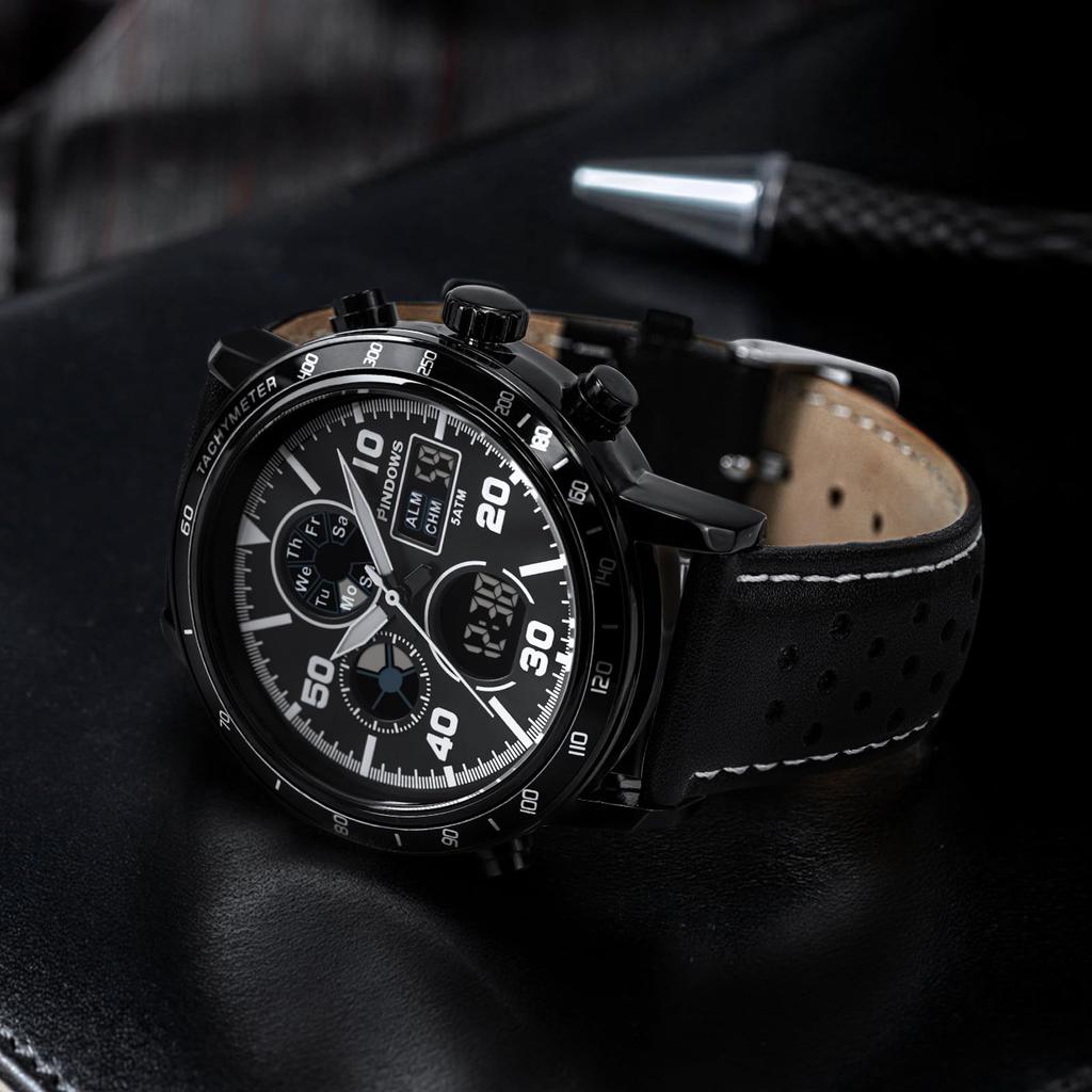 PINDOWS Analog-Digital Watch, Retro Racing Perforated Genuine Leather Strap Model PDS-642, Black, Men's