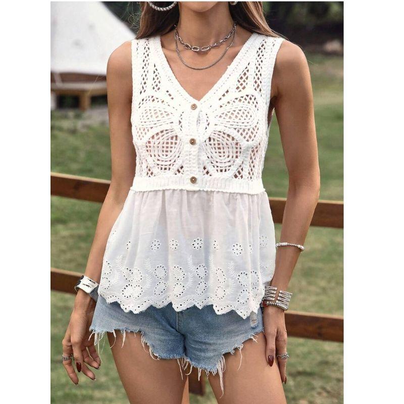 Small Summer European and American Knitted Crochet Hollow Butterfly Single-Breasted Patchwork Embroidered Widened Lace Vest Top