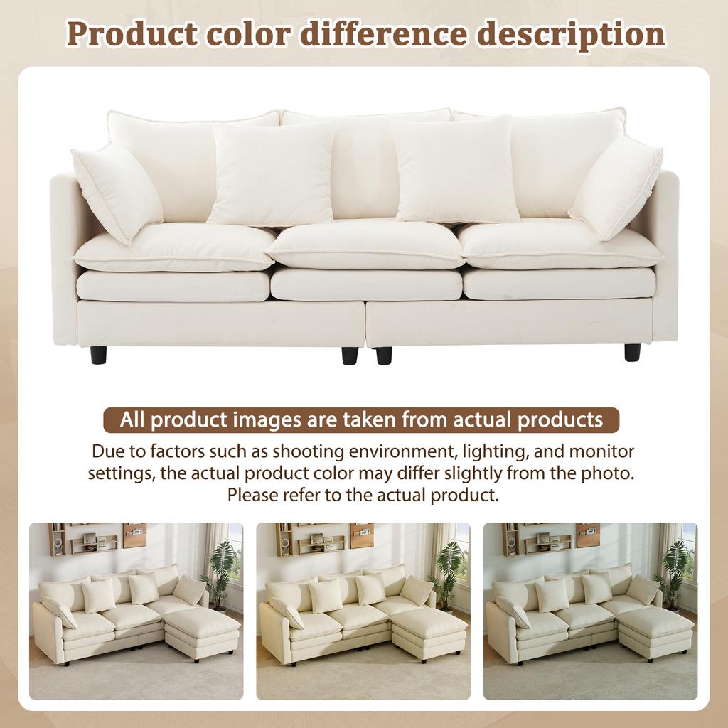 L-Shaped Corner Sofa with 4 Cushions and 3 Backrests, 3-Seater Sofa with Chaise Longue, Capacity Up To 120 Kg, Living Room Sofa 212×150×90 Cm, Beige