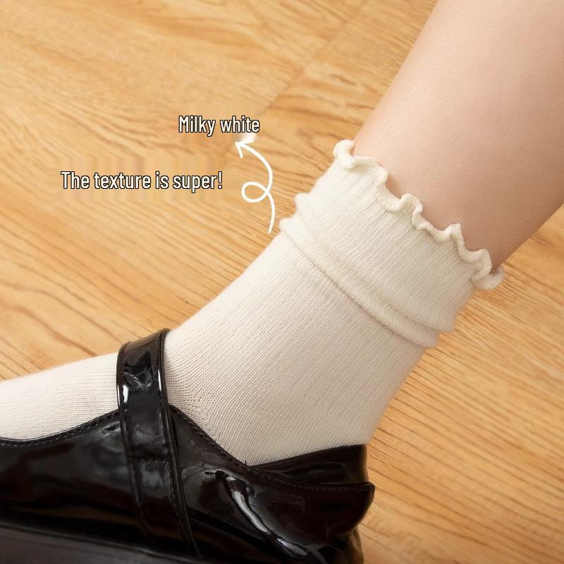 Chaussettes de Cheville à Volants Style Académie Lolita Japonaise - Sangles Croisées & Coton Couleur Unie