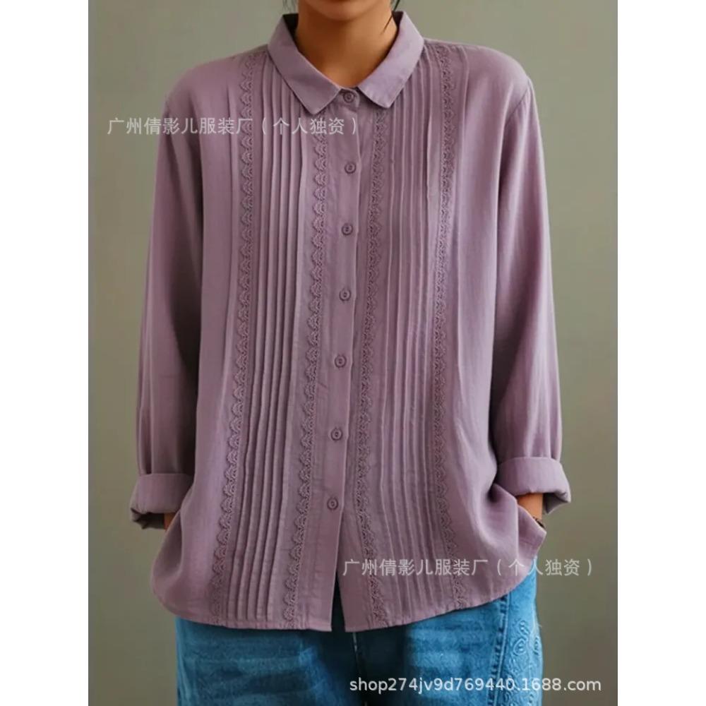 European and American Artistic Style Loose Striped Lace Trim Cotton-linen Long-sleeve Women's Shirt Top