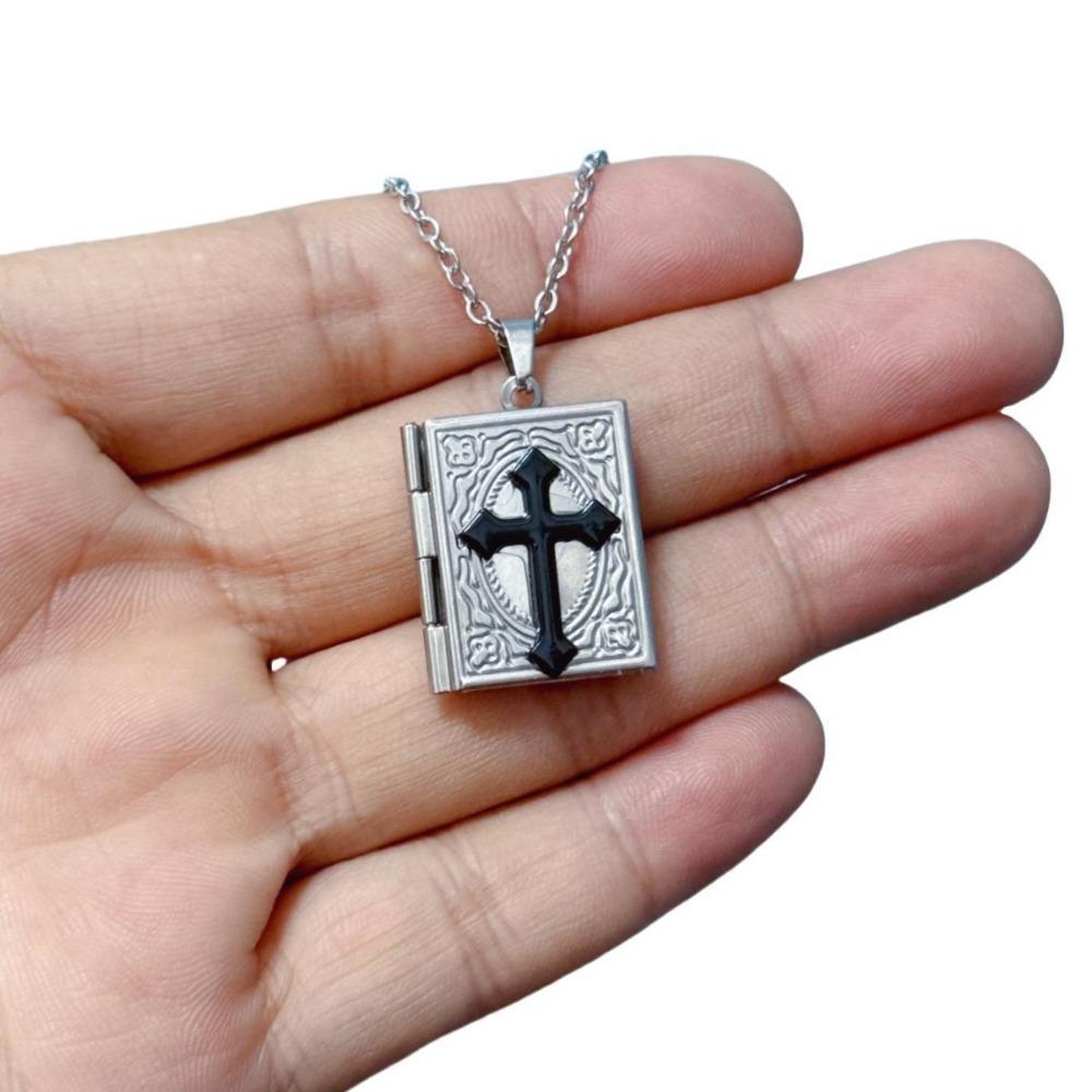 Retro Gothic Blood-red Rose Black Cross Relief Book-shaped Pendant Necklace for Women Men Halloween Stainless Steel Jewelry Gift
