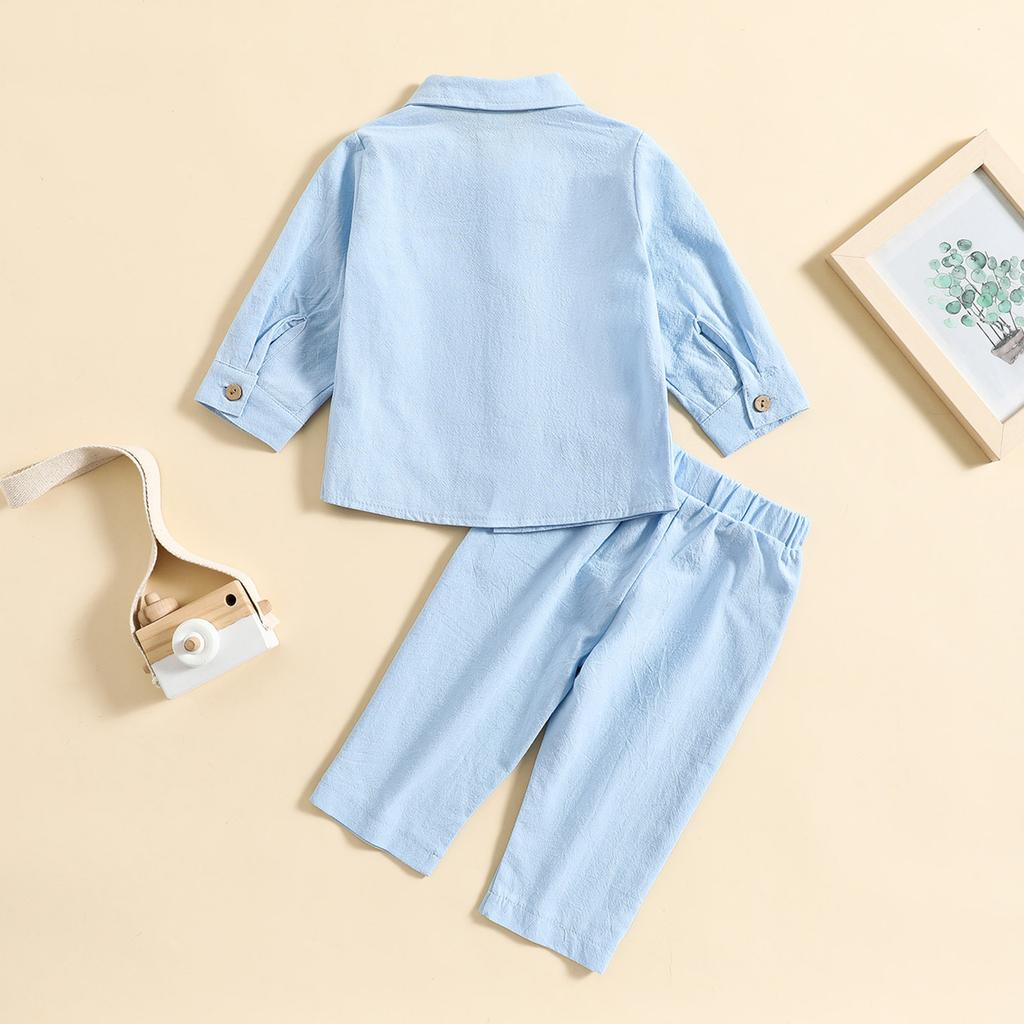 Fashion Toddler Boys' Linen Cotton 2-Piece Outfit Long Sleeve Shirt & Pants Set