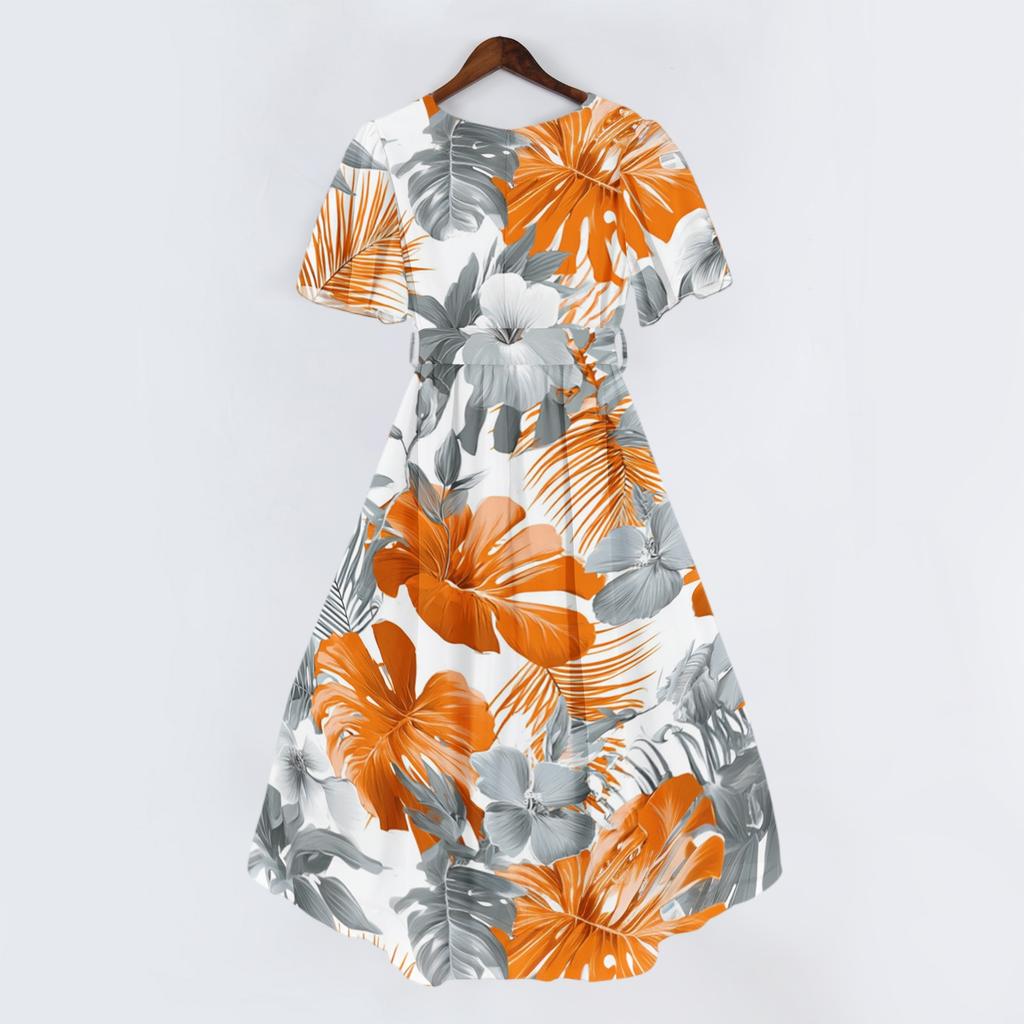 Women Casual V Neck Short Sleeve Floral Print Dress Vintage Style Midi Length Summer Dress with Wrap Design and Flared Skirt
