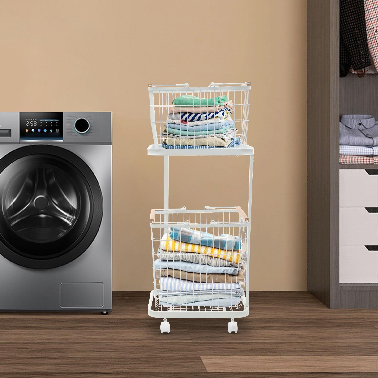 

2-Tier Metal Laundry Hamper with Removable Basket, Foldable Frame and Wheels, White, Space Saving Storage Organizer for Bedroom белый