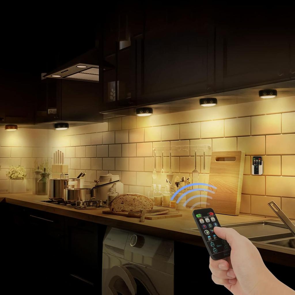 Battery Operated Puck Lights with Remote LED Under Cabinet Lighting Wireless Stick on Lights Color Changing Timer Tap Lights for Cabinets Shelves