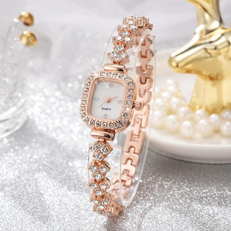 Ladies Trendy Small Sugar Cube Bracelet Watch, Light Luxury Rose Gold Gypsy Star Diamond Set Love Bracelet Set
