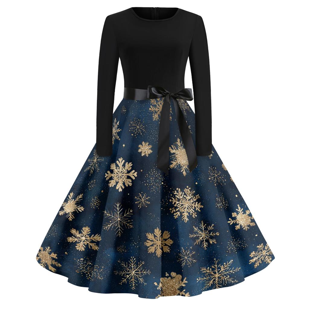 Women's Casual Fashion Round Neck Christmas Printed Vintage Dress