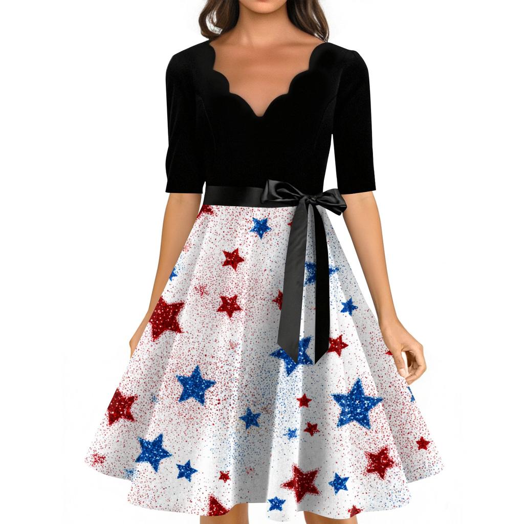 Women's Casual Fashion V-neck Retro Short-sleeved Dress With Flag Independence Day Print