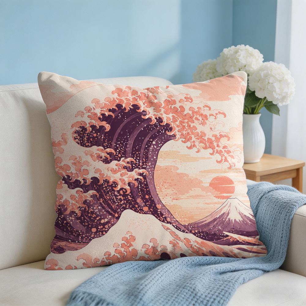Cushion Cover The Great Wave Off Kanagawa Short Plush Soft DoubleSided Printing Pillow Case Cozy Sofa Bedroom Home Decor Gift