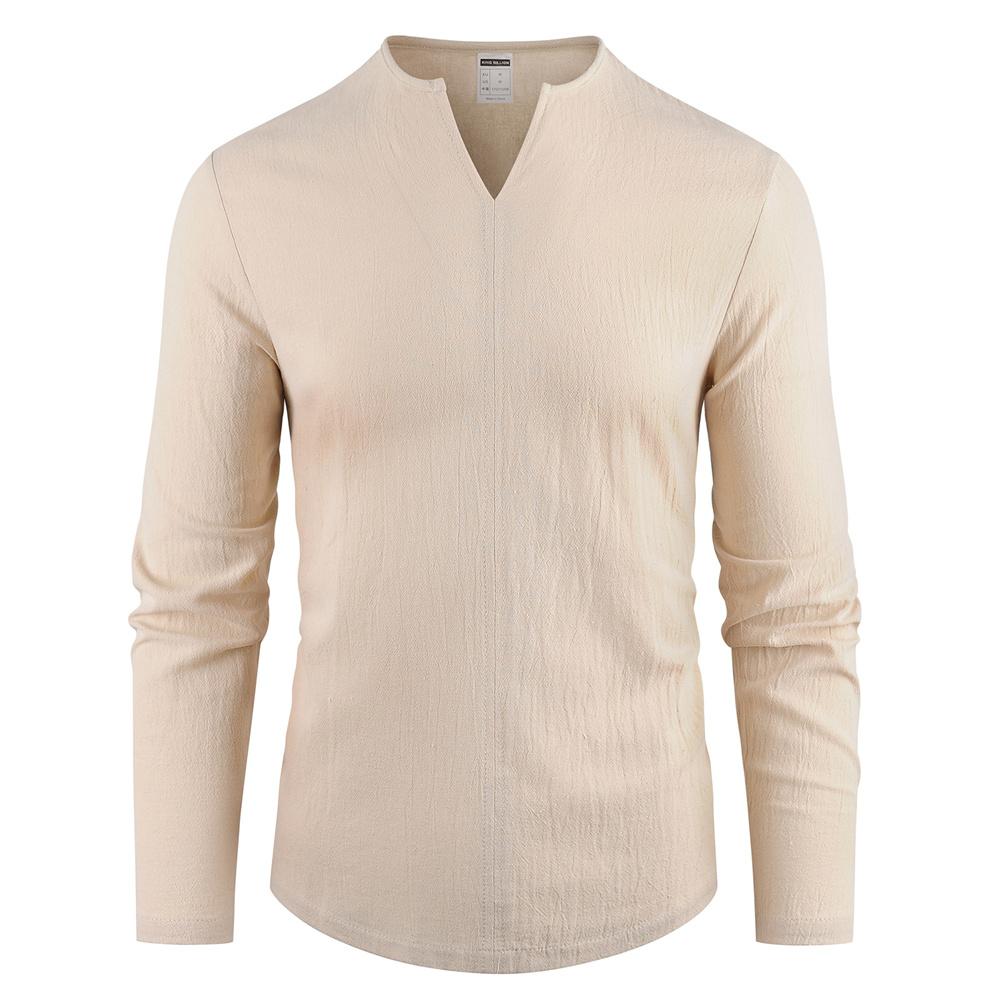

Men s Cotton Linen T-shirt V-neck Long Sleeve Casual Tees Solid Color Lightweight Breathable Cozy Tops Male Fashion T-shirts S бежевый