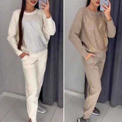 2 Pcs/Set Women Top Pants Suit Rhinestone Decor O Neck Long Sleeves Patchwork Sport Sweatshirt Elastic Waist Trousers Fitness Outfit Spring Tracksuit