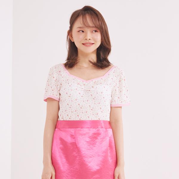 Primavera Flower Shirred Short Sleeve T-Shirt (Pink) Pink