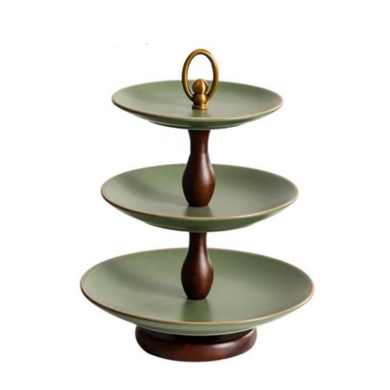Green Double-layer Fruit Plate Ceramic Tray Snack Storage Box Double-layer Tray Desktop Container Kitchen Organizer Trays