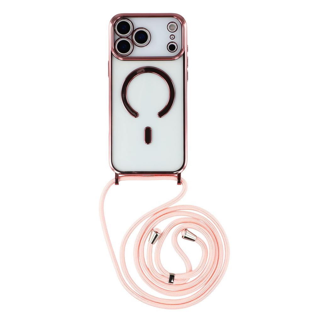 For iPhone 17 Pro Max Magnetic Case Electroplating Edge TPU Phone Cover with Shoulder Strap