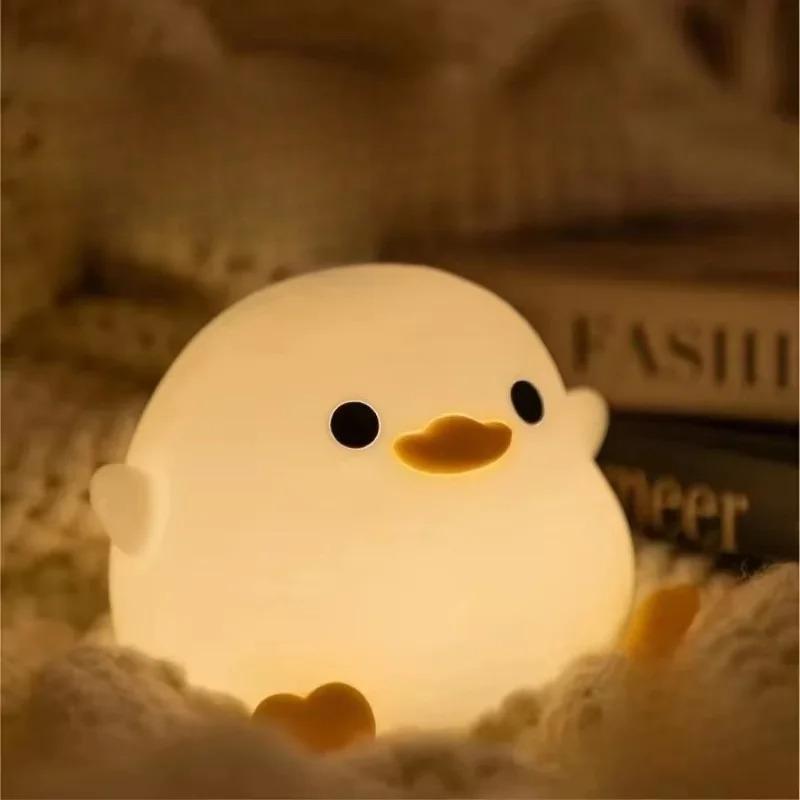 Cute Duck Silicone Night Light Rechargeable Pat Sensitive LED Lamp Dimmable Timing Off for Kids Bedroom Bedside Nursery Decor
