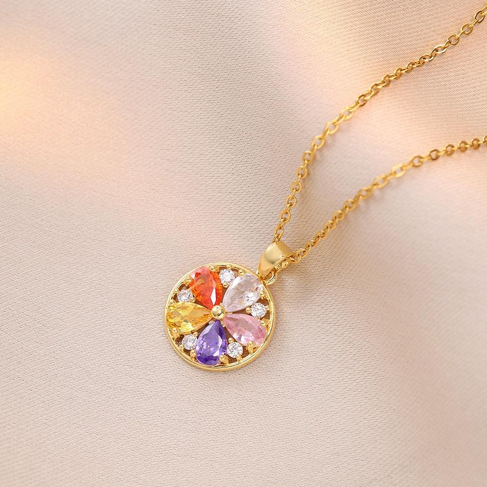 Cute Plant Female White Rainbow Zircon Stone Round Flower Pendant Necklace Gold Silver Color Wedding Jewelry For Women
