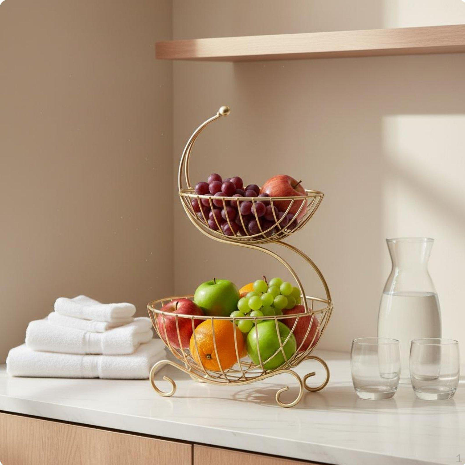 2Tier Fruit Basket Wrought Iron 2 Tier Space Saving Countertop Snack Platter for Living