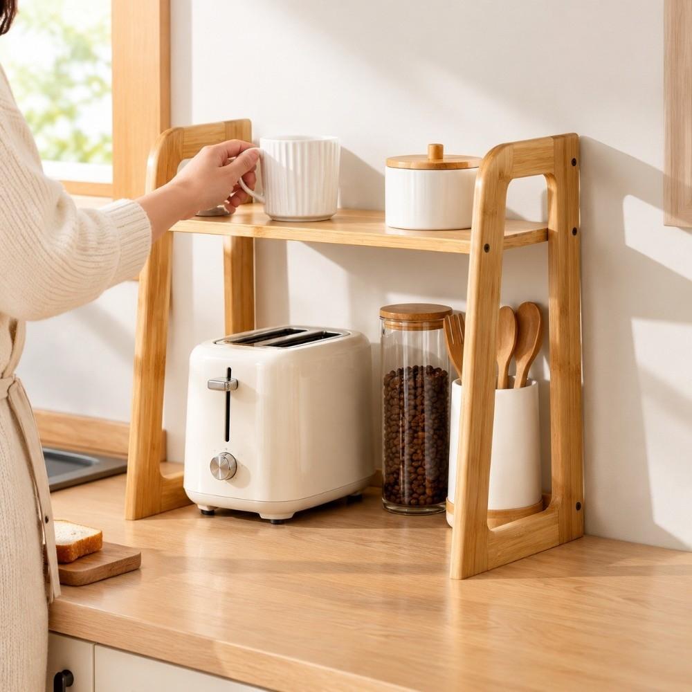 Modern Bamboo Double Layer Cup Holder Large Capacity Space Saving Tea Set Storage Rack Stable Kitchen Shelf for Kitchen