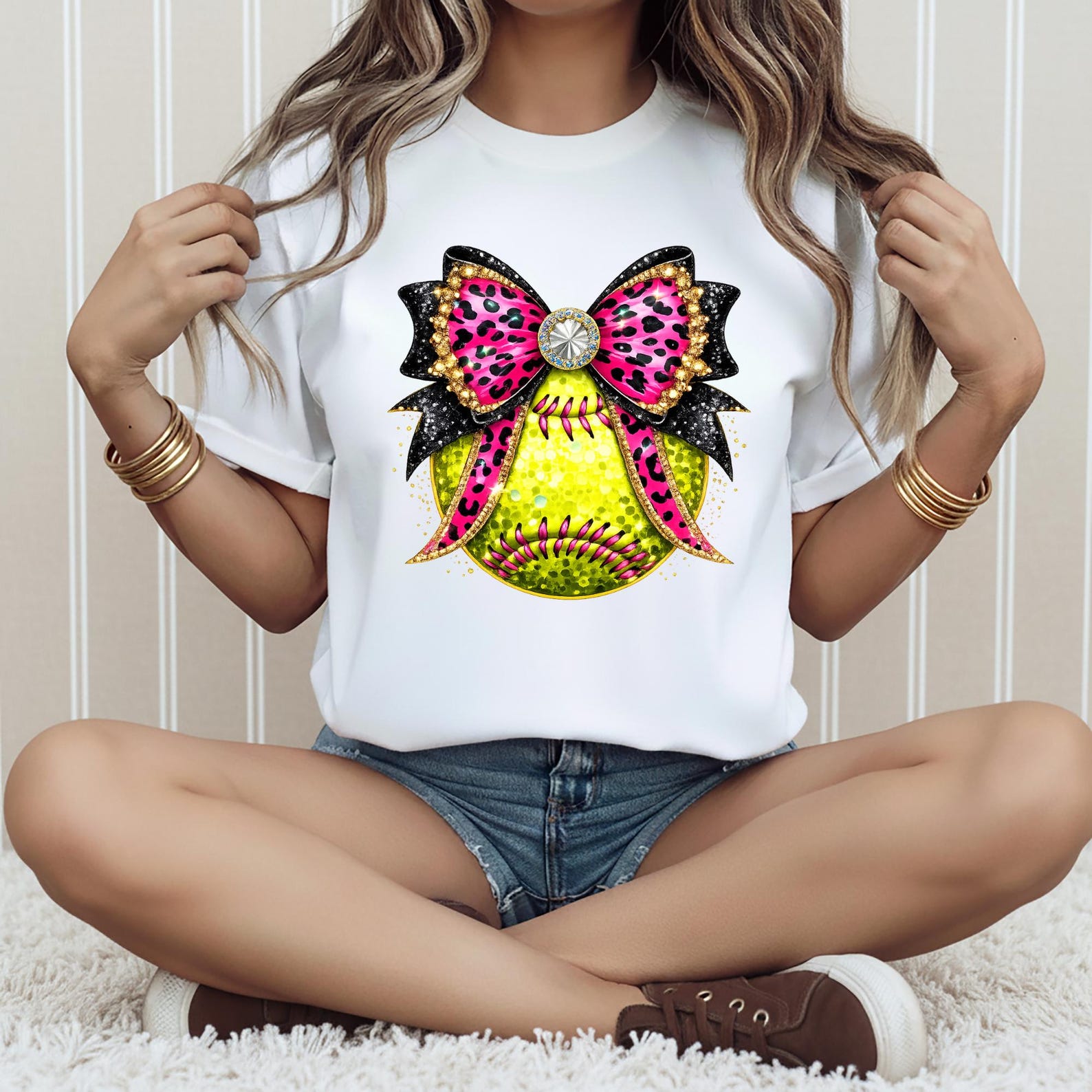 Neon Softball Shirt, Glitter Leopard Bow Tee, Softball Mom Shirt, Girls Softball Tee, Colorful Game Day Shirt Gift S