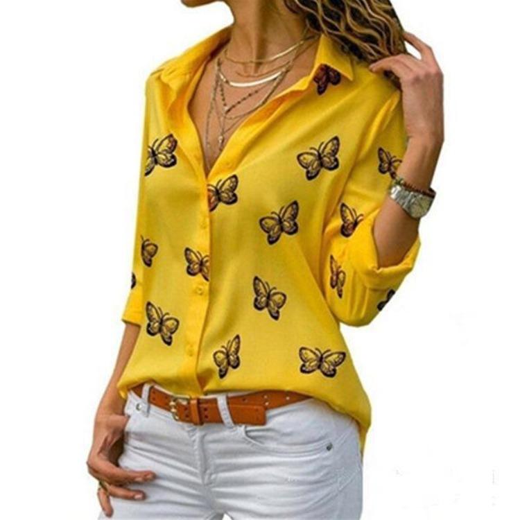 Butterfly Print Lapel Style Shirt Women Loose Fit